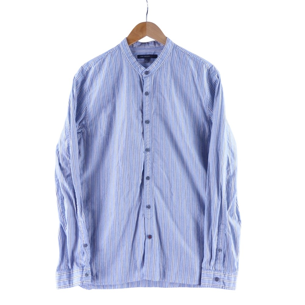 John Varvatos Mens Large USA Blue Striped Band Collar Cotton Button Down Shirt